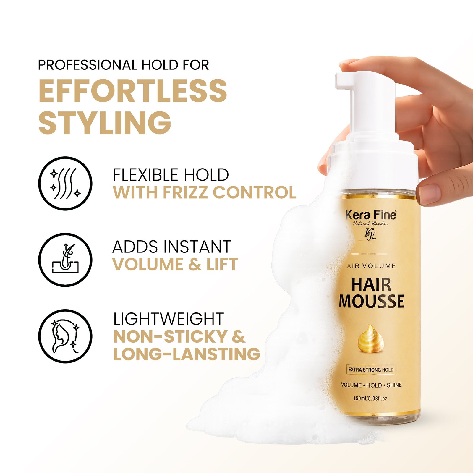 Kera Fine Hair Mousse for All Hair Types | Strong Hold, Lightweight Volume & Natural Shine | 250ml 9 Hair Mousse