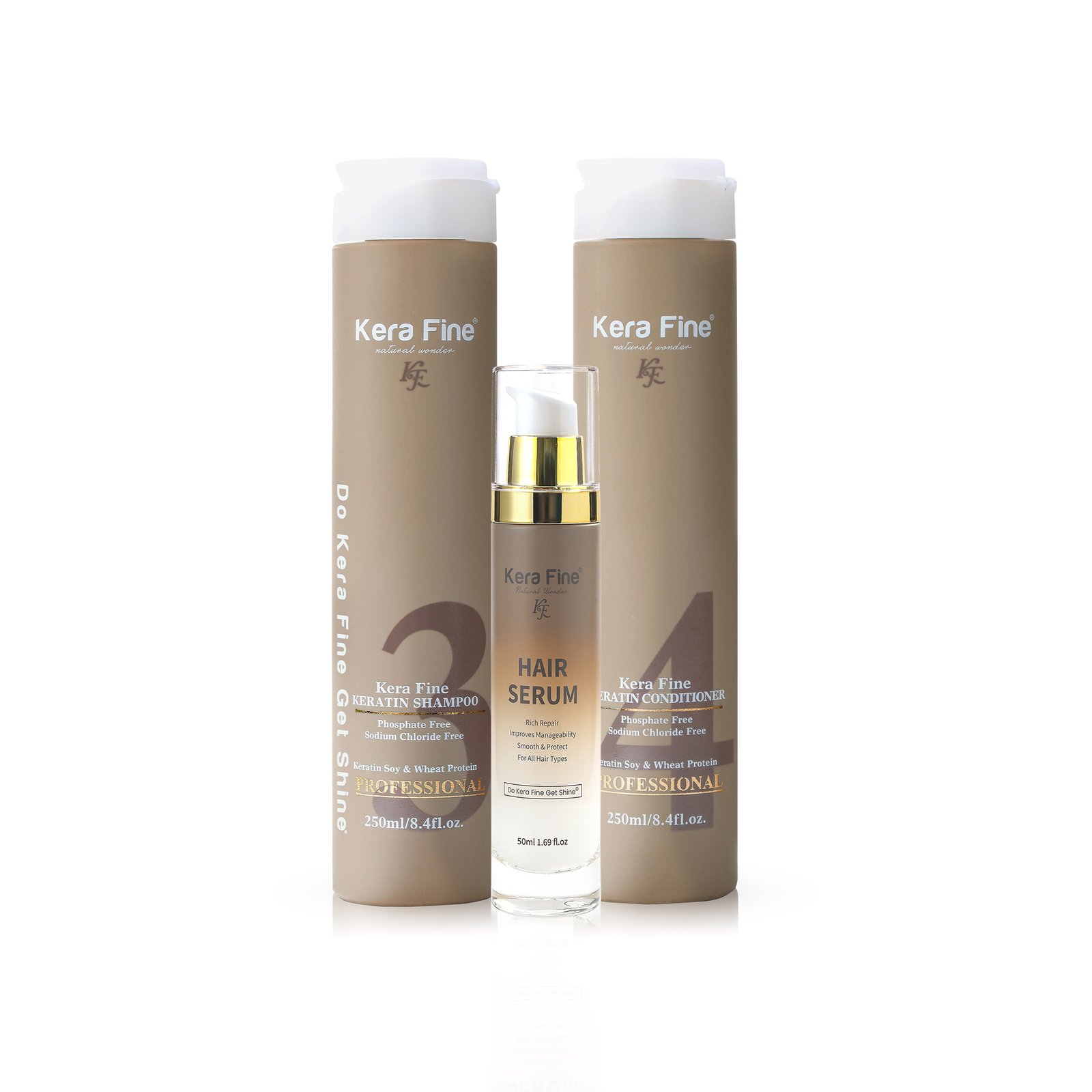 Kera Fine Keratin Shampoo, Conditioner & Hair Serum Combo | Smooth, Frizz-Free & Shiny Hair | 250ml + 250ml + 50ml 3 Keratin Shampoo, Conditioner & Hair Serum Combo